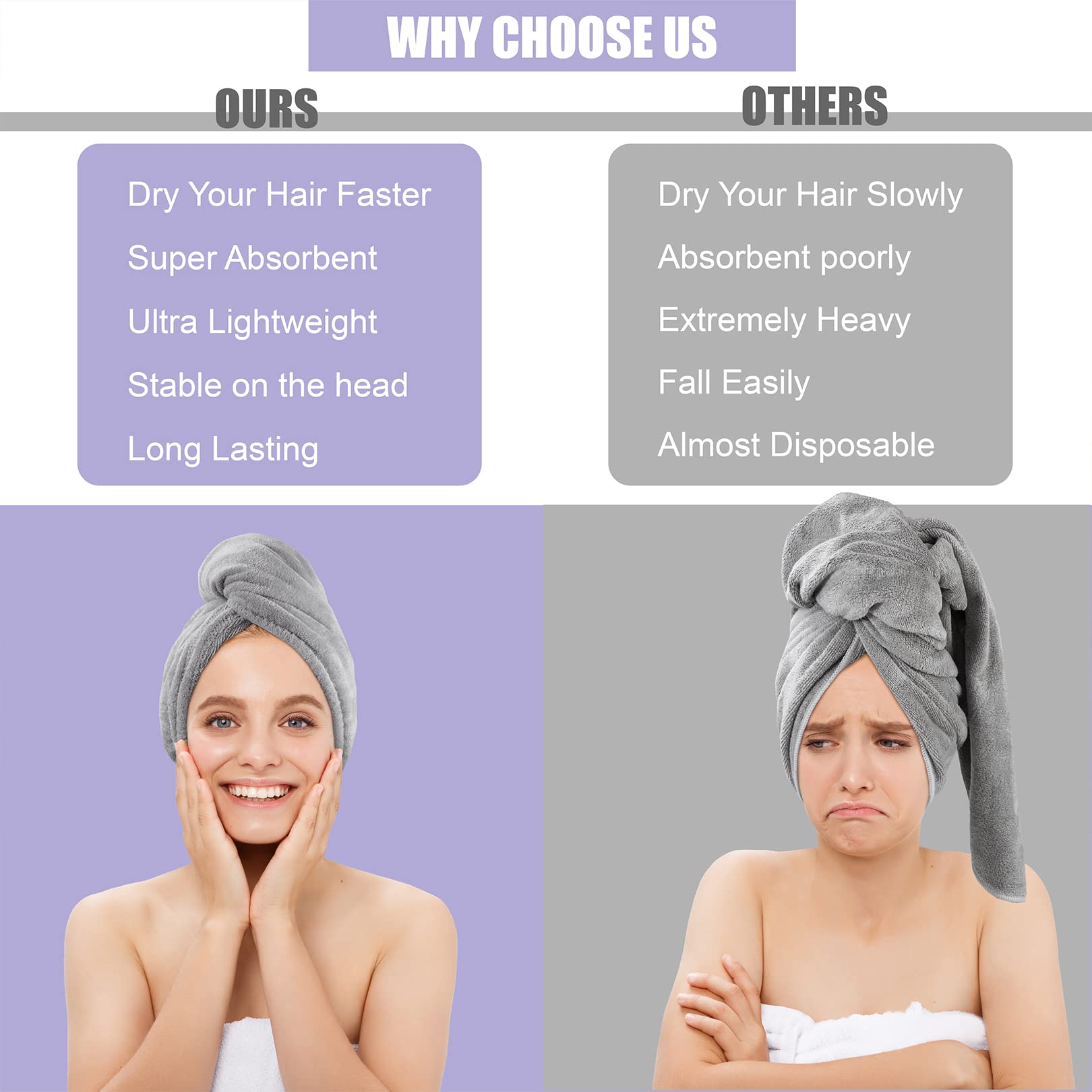 Poyday Microfiber Hair Towel Drying Wrap: 2Pack Head Dry Towel Twist Drying Turban Anti Frizz Long Quick Rapid Absorbent Women W